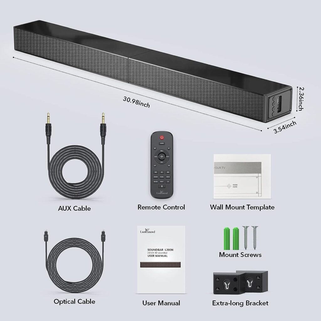 LARKSOUND Sound Bar for TV, Surround Sound System, TV Speaker Soundbar with Bluetooth/HDMI ARC/Optical/AUX/USB, 31 Inch