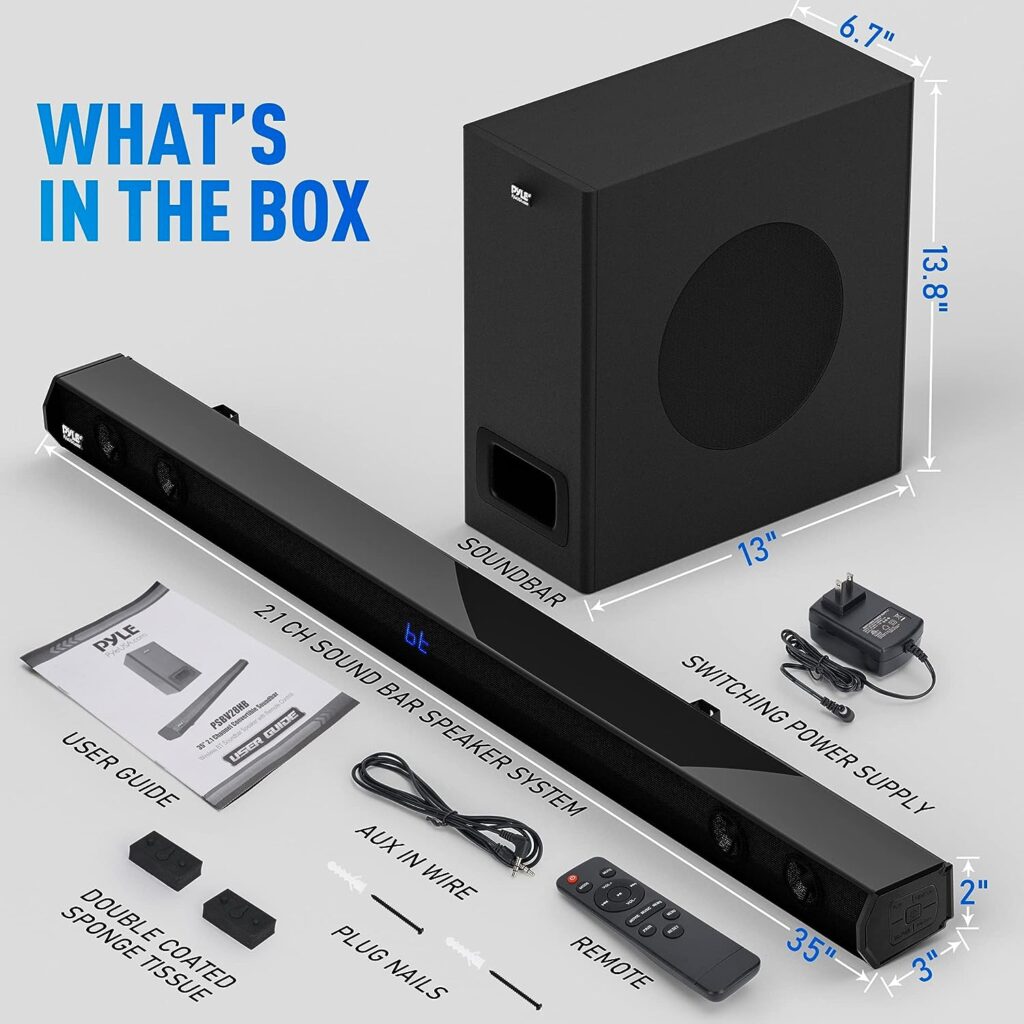 Pyle 2.1 Channel TV Soundbar Speaker - Wireless Bluetooth 500W 35 Sound bar Home Theater Stereo System w/Subwoofer, HDMI-ARC, Optical, USB, AUX, Remote Control - PSBV28HB